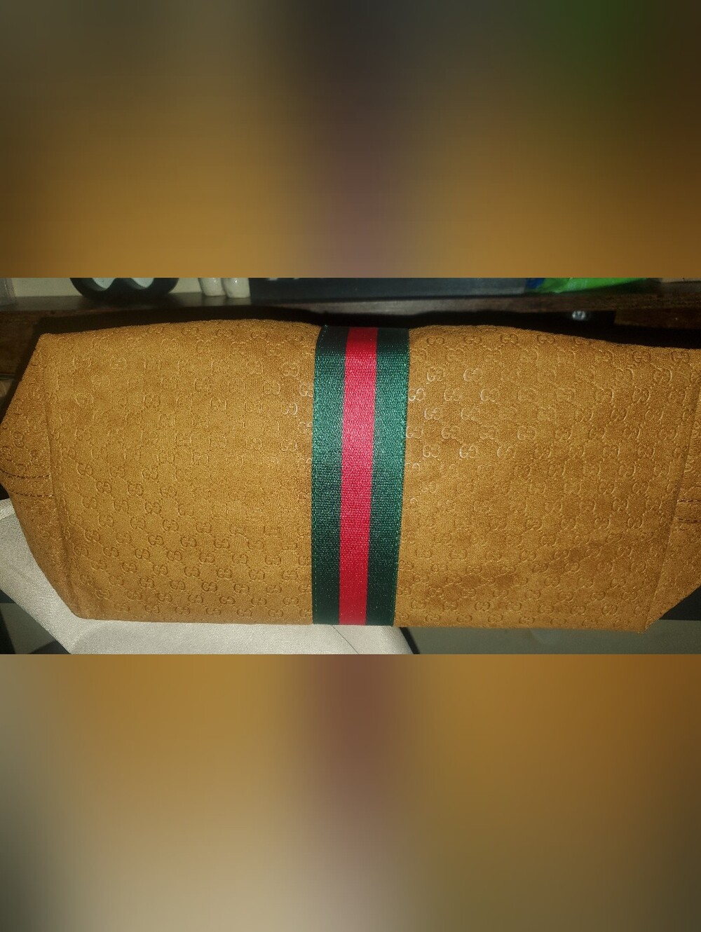 Gucci Tan Suede Shoulder Bag with Green-Red Web Stripe. FASHION BAG!! - Picture 2 of 5